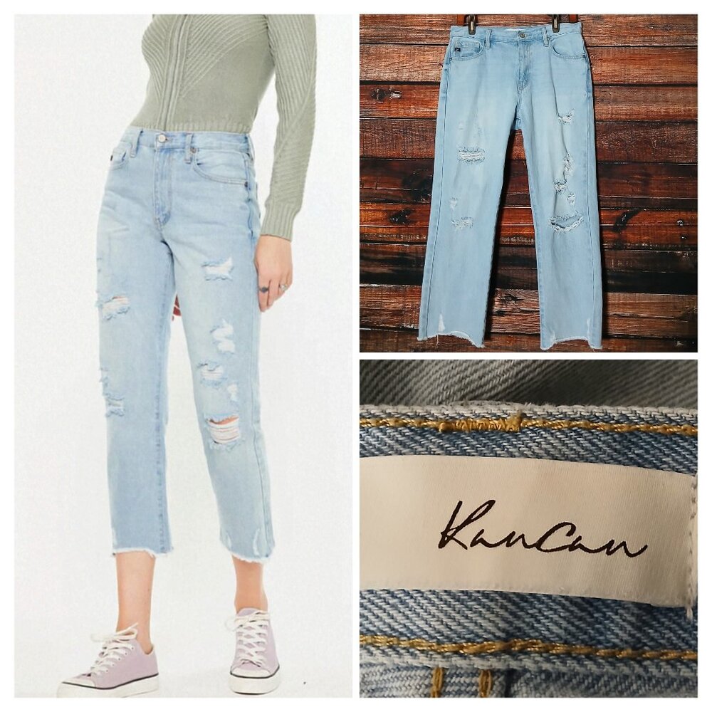 Kancan Jeans 27 7 Sierra High Rise Straight Crop Distressed Blue Denim